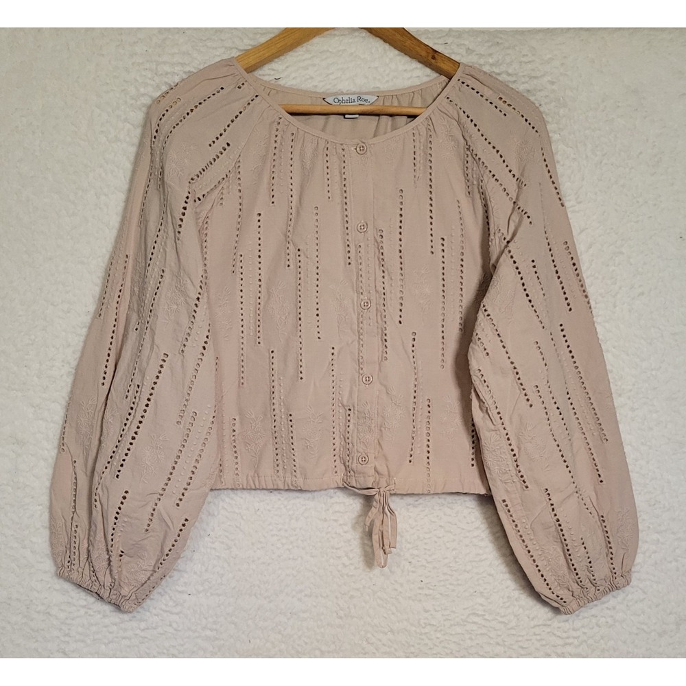 Ophelia Roe Womens Blouse Size L Brown Button-Up Long Sleeve Peasant Eyelet 1546